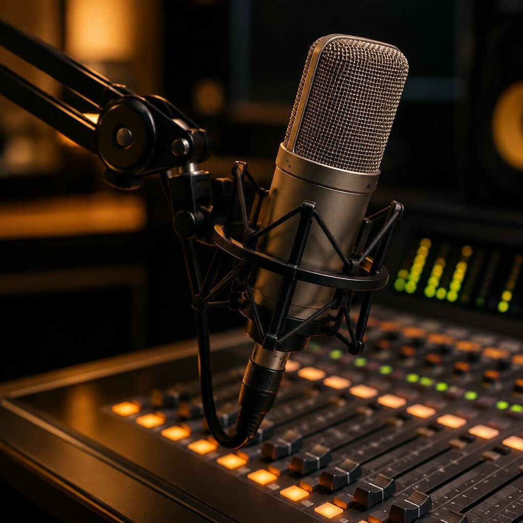 Close up of professional podcast microphone and mixing console