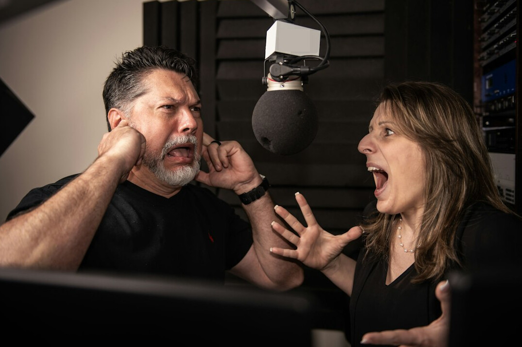 group discussion in recording booth