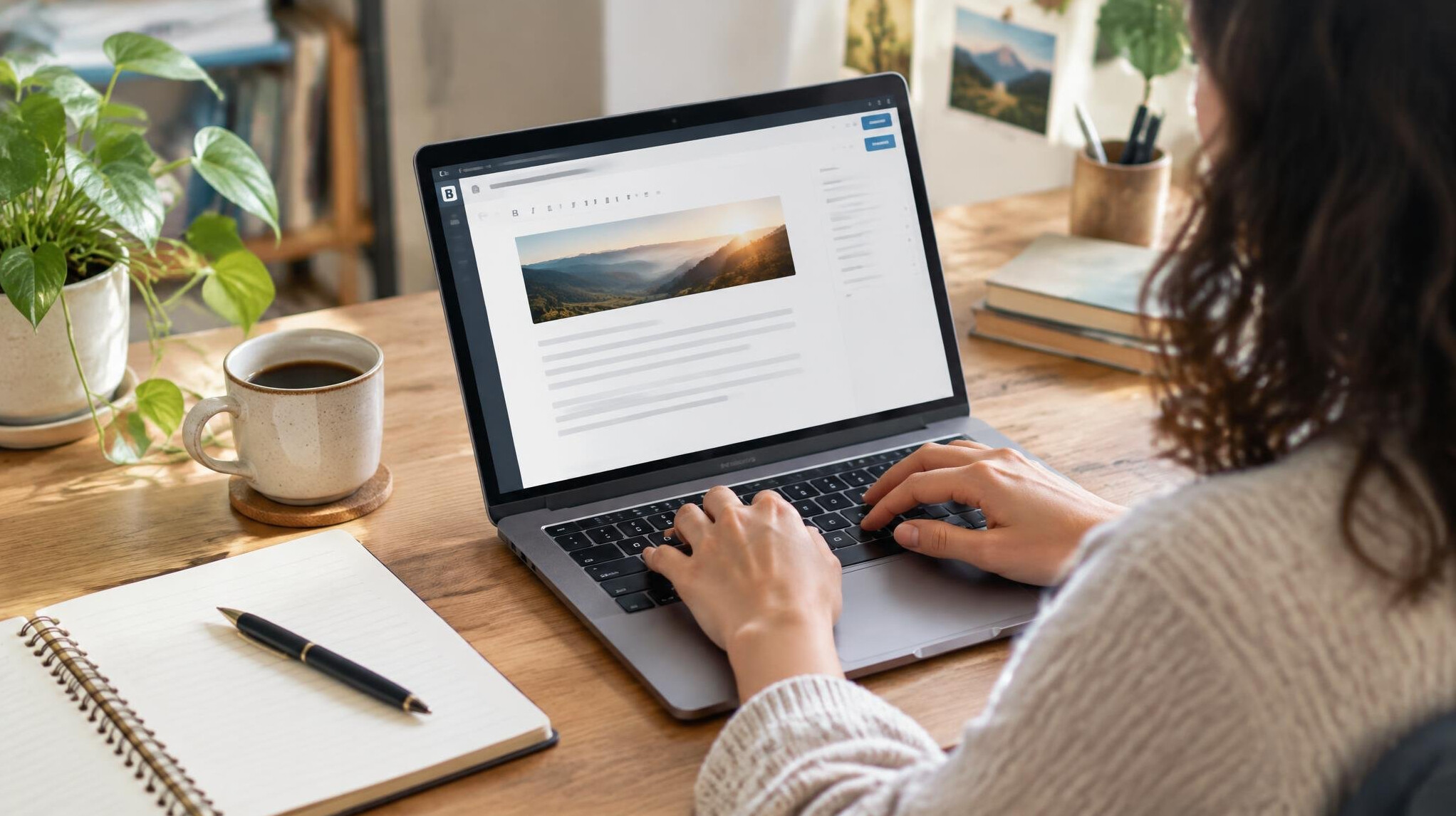 blogger writing on laptop